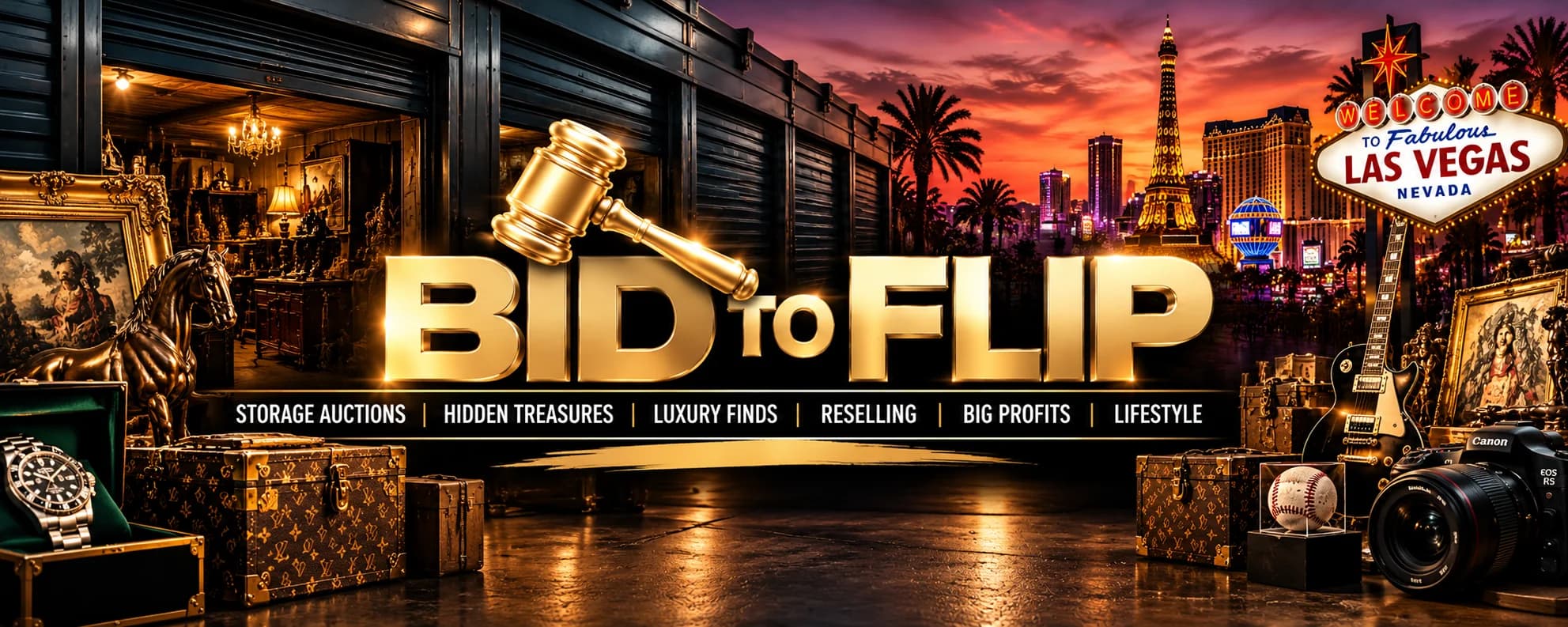 BID TO FLIP. Storage auctions, hidden treasures, luxury finds, reselling, big profits, lifestyle. Las Vegas.